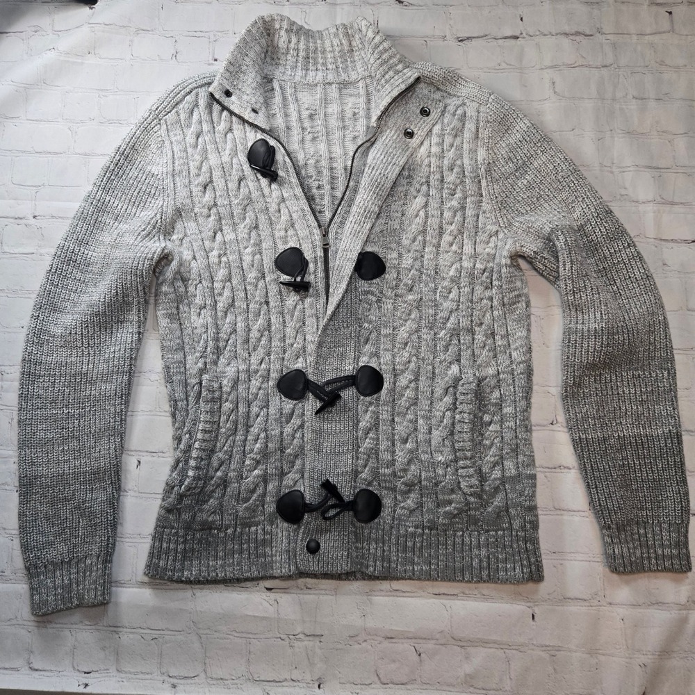 Express Mens Grey Cable Knit Toggle Zip Front Cardigan Sweater Cotton Large